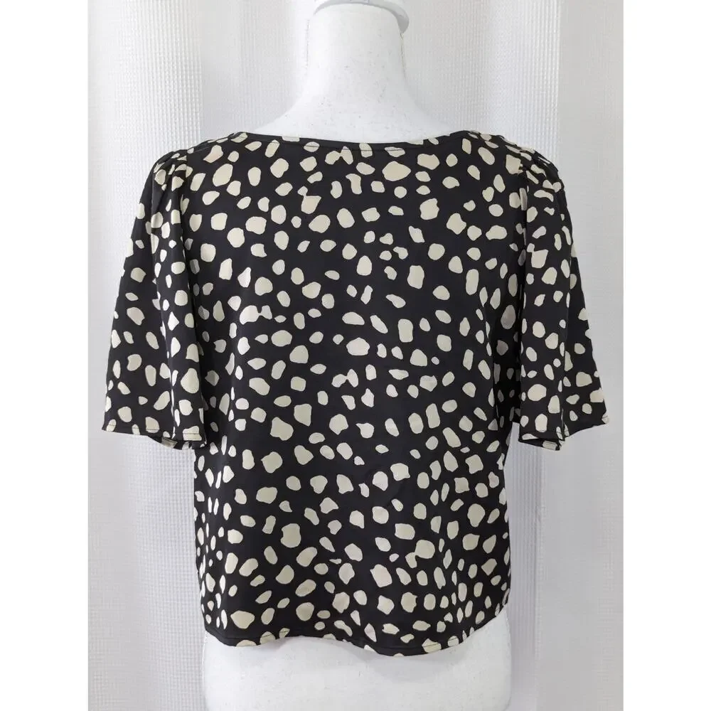 LOFT! BLACK, TAN SATINY PUFF SLEEVE, BOW BACK SPECKLED TOP, BLOUSE, SHIRT! SZ XS